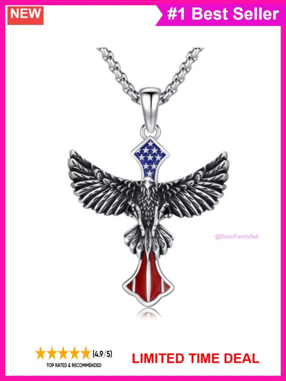 Eagle Cross Necklace 925 Sterling Silver American Flag Pendant 20in Men